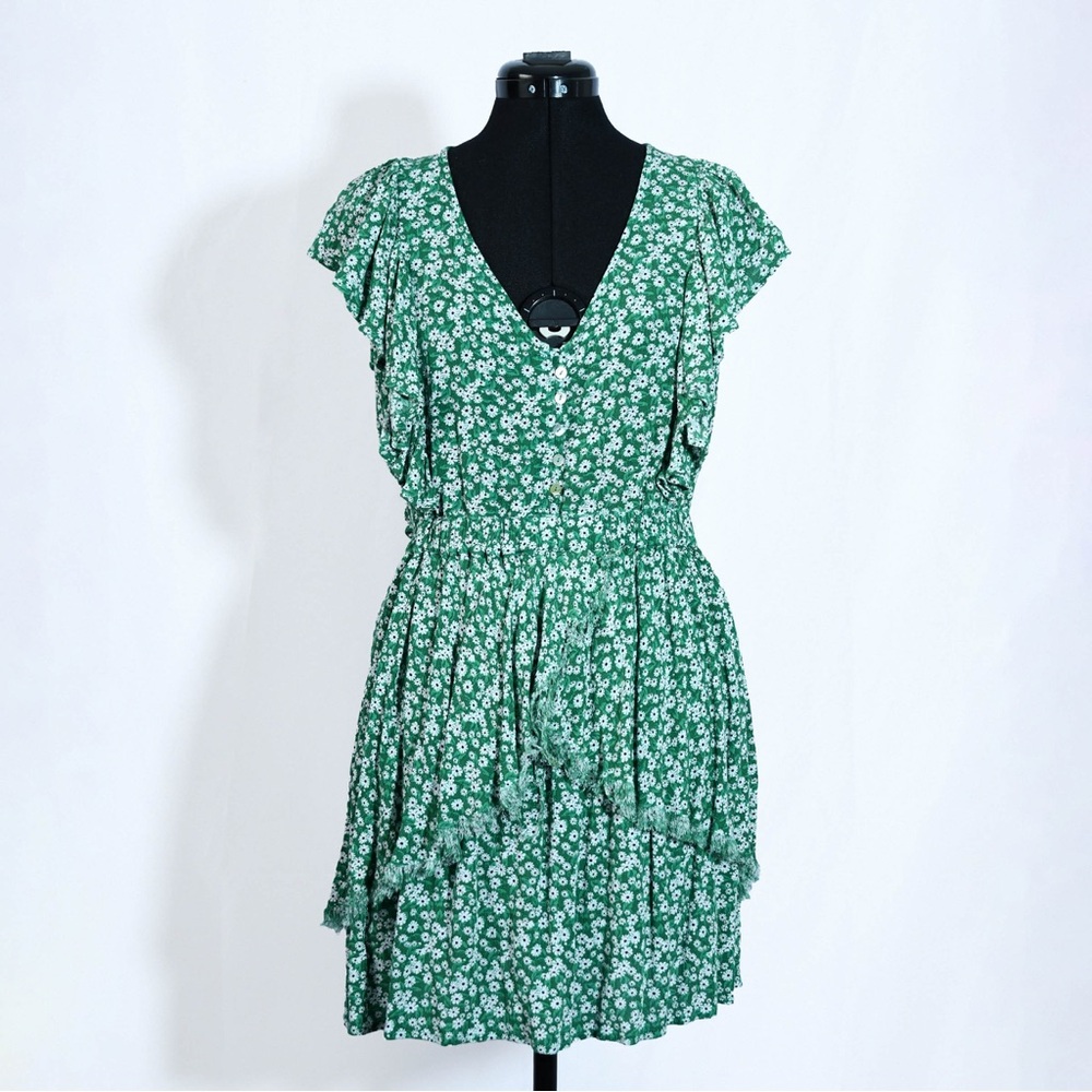 Floral Ruffled Shoulders Dress V-neck